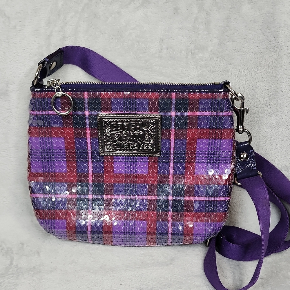 Coach Poppy purple plaid sequined crossbody bag